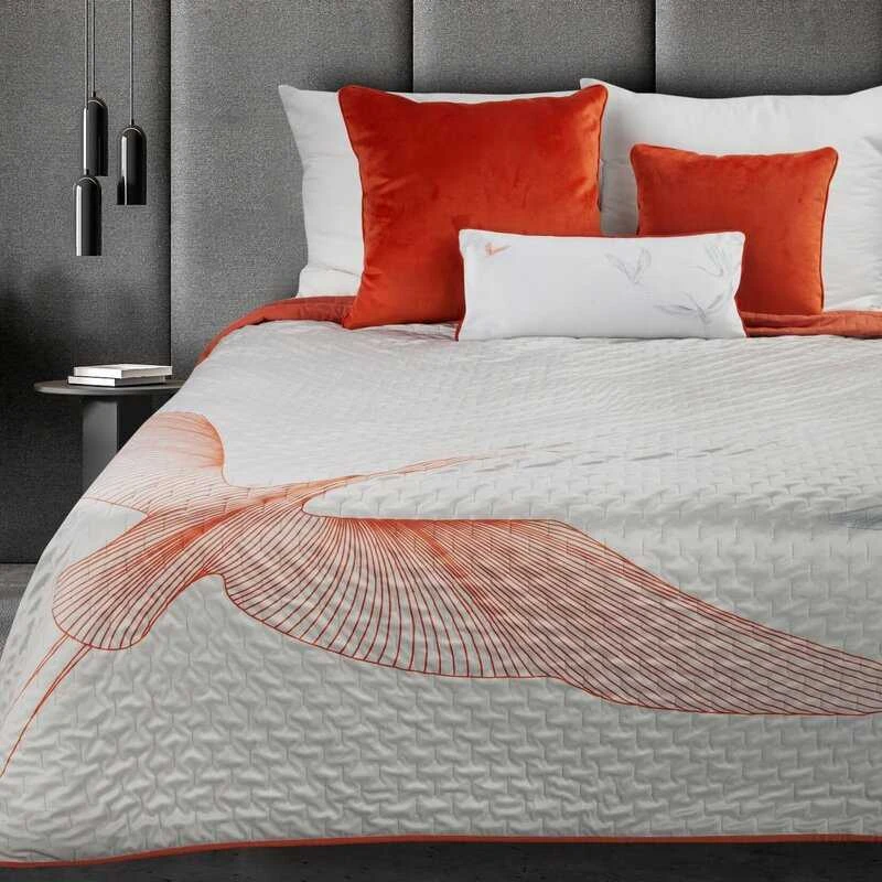 Eurofirany Aksominis dekoratyvinis lovos užtiesalas, gervių raštas, hot press spauda, oranžiniai akcentai, 220x240 cm, miegamojo dekoras, prabangi lovatiesė Lovatiesė