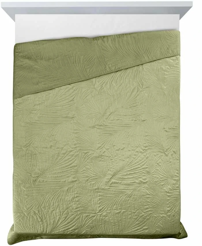Eurofirany DESIGN 91 LUIZ / 4 Aksominė lovatiesė, dygsniuota karšto spaudimo būdu su palmių lapų raštu, 220X240 cm, spalva: šviesiai žalia Lovatiesė