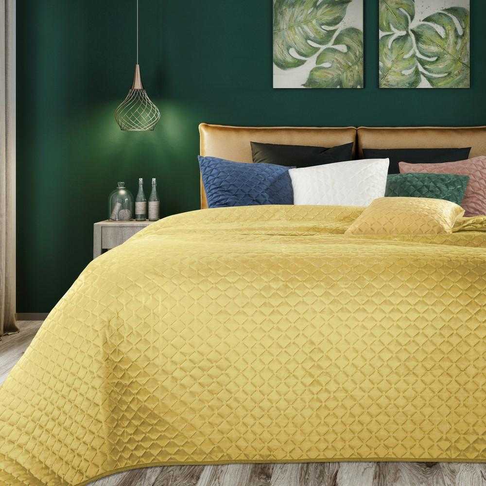 Eurofirany Garstyčių spalvos geometrinis aksominis užtiesalas, dvipusis dekoratyvinis uždangalas, 230x260 cm, karšto spaudimo dygsniavimas, minkšta poliesterio lovatiesė, prabangi namų tekstilė Lovatiesė