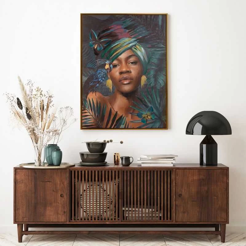 Eurofirany Tamsiai turkio spalvos rankomis tapytas Afrikos moters portretas ant drobės, 60x80 cm, įrėmintas sienos menas, egzotiškas dekoras, interjero paveikslas