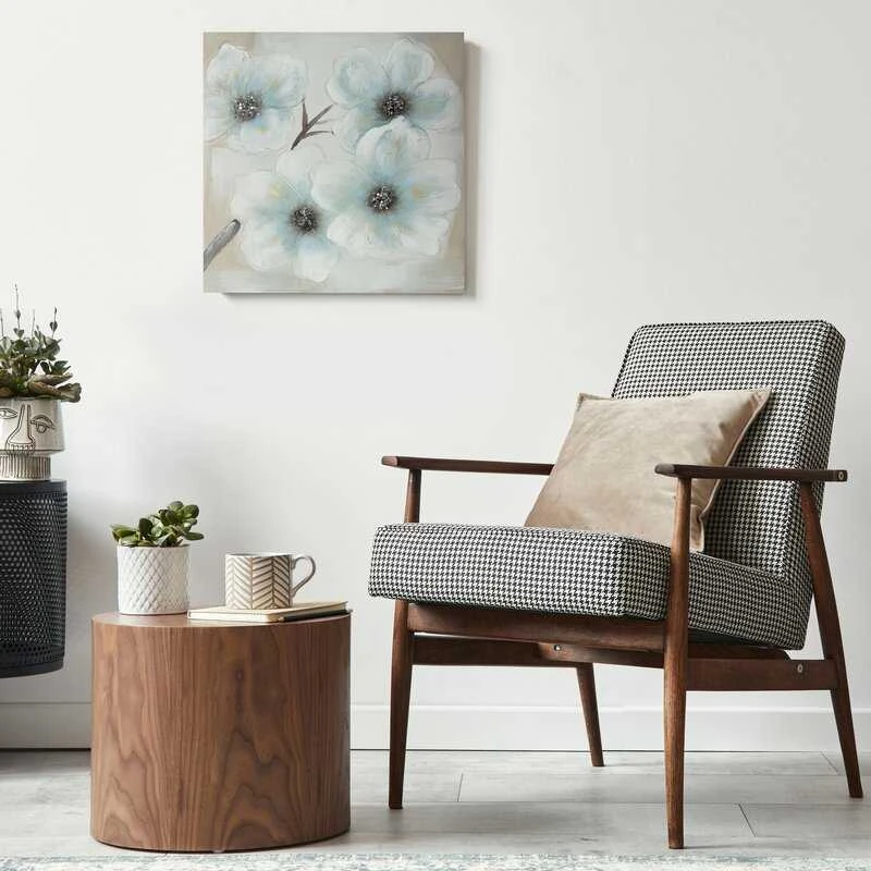 Eurofirany Rankomis tapytas gėlių paveikslas ant drobės, smėlio ir mėlynos spalvos gėlės, 60x60 cm kvadratinis paveikslas, klasikinis elegantiškas dekoras, unikali tekstūrinė sienų dekoracija