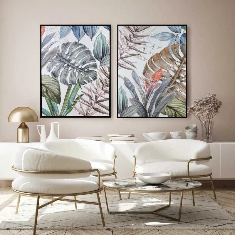 Eurofirany Žalias ir baltas lapų paveikslas, rankomis tapytas ant drobės, natūralus sienų menas, 60x80 cm dekoracija su rėmu, modernus gamtos kūrinys, interjero detalė