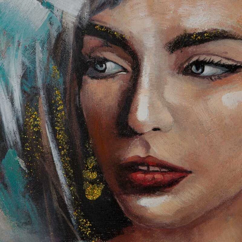 Eurofirany Rankomis tapytas pusiau abstraktus moters portretas, šalti pilki ir mėlyni tonai, didelis drobės paveikslas, 80x120 cm, emocingas meninis dekoras, sienų puošmena
