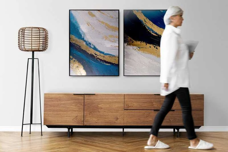 Eurofirany Abstraktus sienos menas, pilka ir mėlyna spalvų paletė, modernus minimalistinis dekoras, 60x90 cm paveikslas su rėmu, šiuolaikinė interjero dekoracija, drobės paveikslas svetainei