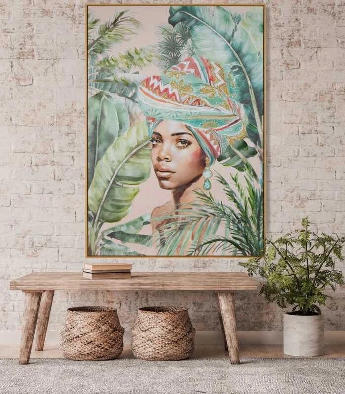 Eurofirany Rankomis tapytas Afrikos moters portretas ant drobės, žalios ir kreminės spalvos, etninis sienų menas, modernus etninis dekoras, 70x100 cm įrėmintas paveikslas, interjero detalė