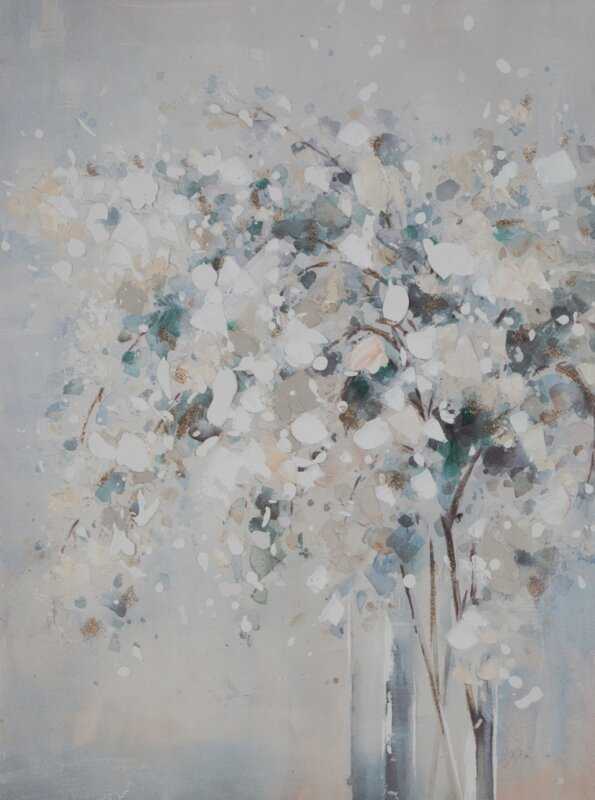 Eurofirany Smėlio spalvos gėlių paveikslas, rankomis tapytas ant drobės 60x80 cm, baltos ir mėlynos gėlės, sienų dekoras svetainei ir miegamajam, modernus interjero akcentas