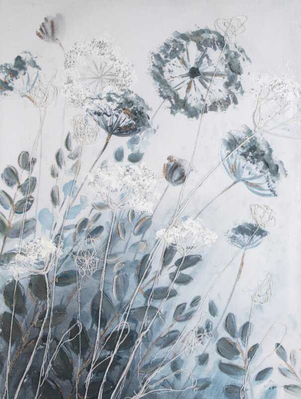Eurofirany Smėlio spalvos gėlių paveikslas, rankomis tapytas ant drobės 60x80 cm, baltos ir mėlynos gėlės, sienų dekoras svetainei ir miegamajam, modernus interjero akcentas