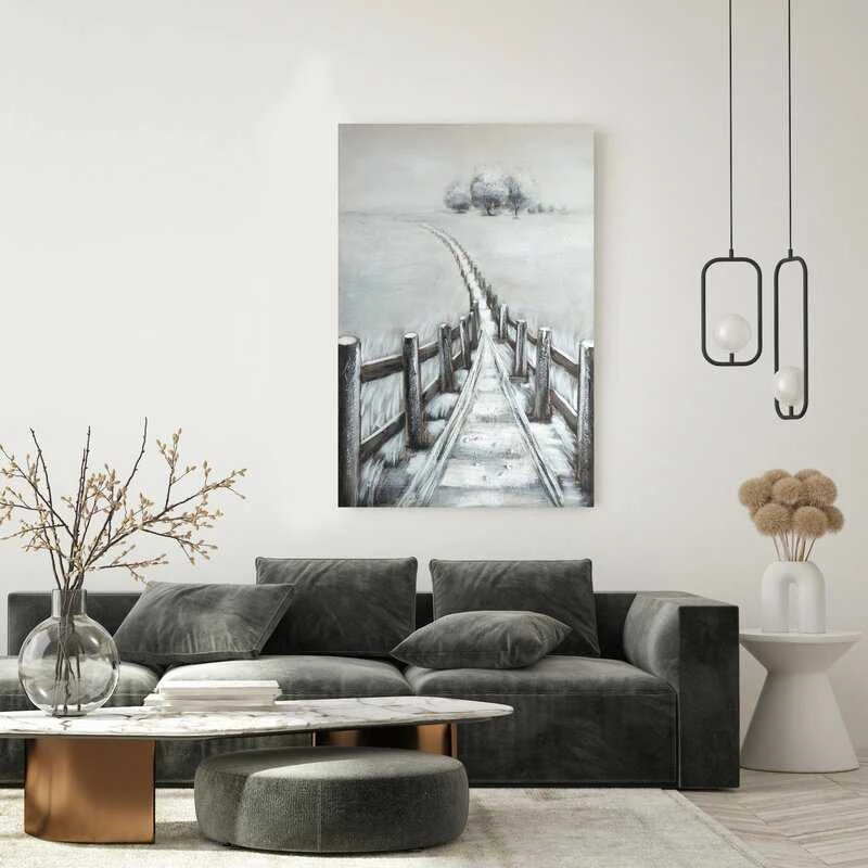 Eurofirany Rankomis tapytas drobės paveikslas su medine tvora, pilkas ir baltas kraštovaizdžio menas, didelis 80x120 cm dekoratyvinis sienų paveikslas skandinaviškam ir kaimiškam interjerui, namų dekoras