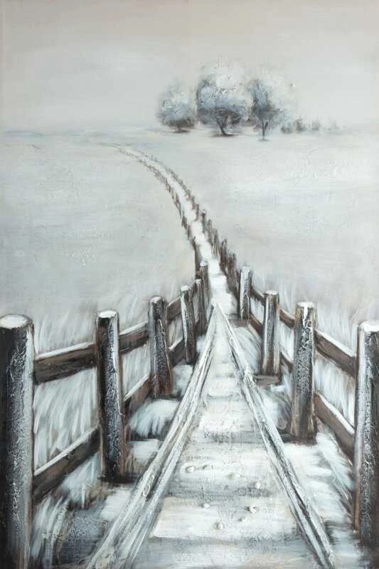 Eurofirany Rankomis tapytas drobės paveikslas su medine tvora, pilkas ir baltas kraštovaizdžio menas, didelis 80x120 cm dekoratyvinis sienų paveikslas skandinaviškam ir kaimiškam interjerui, namų dekoras