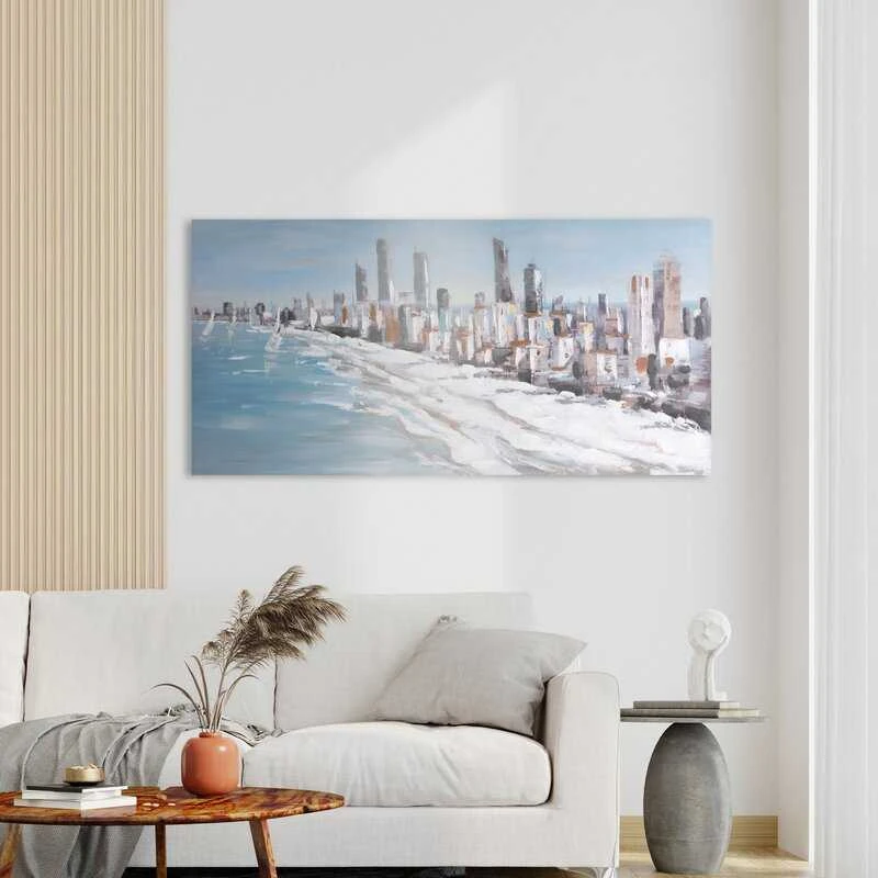 Eurofirany Mėlynos ir baltos spalvos jūros peizažas, rankomis tapytas paveikslas ant drobės, pakrantės stiliaus sienų dekoras, 140x70 cm vandenyno kraštovaizdis, rami jūrinė scena svetainei ar miegamajam