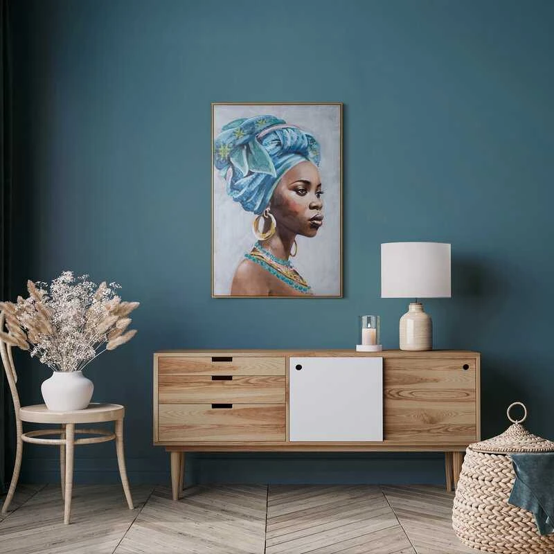 Eurofirany Rankomis tapytas drobės paveikslas, Afrikos moters portretas, pilki ir mėlyni tonai, 80x120 cm įrėmintas meno kūrinys etniniam ir moderniam interjerui, dekoratyvinė sienų tapyba, namų dekoras
