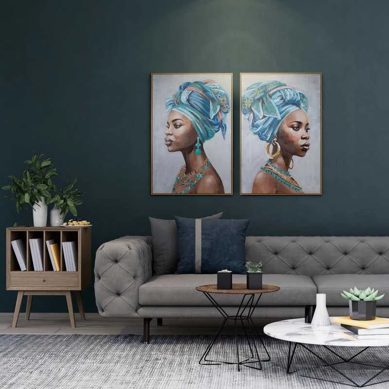 Eurofirany Rankomis tapytas drobės paveikslas, Afrikos moters portretas, pilki ir mėlyni tonai, 80x120 cm įrėmintas meno kūrinys etniniam ir moderniam interjerui, dekoratyvinė sienų tapyba, namų dekoras