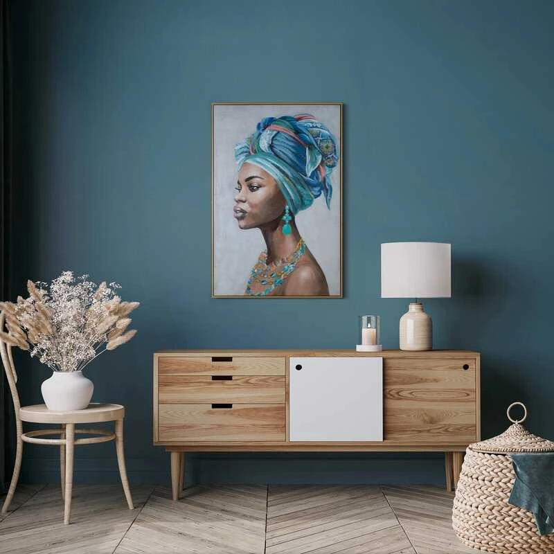 Eurofirany Afrikos moters portretas, rankomis tapytas ant drobės, pilki ir mėlyni tonai, 80x120 cm, dekoratyvinis sienų menas etniniam ir moderniam interjerui, paveikslas namams