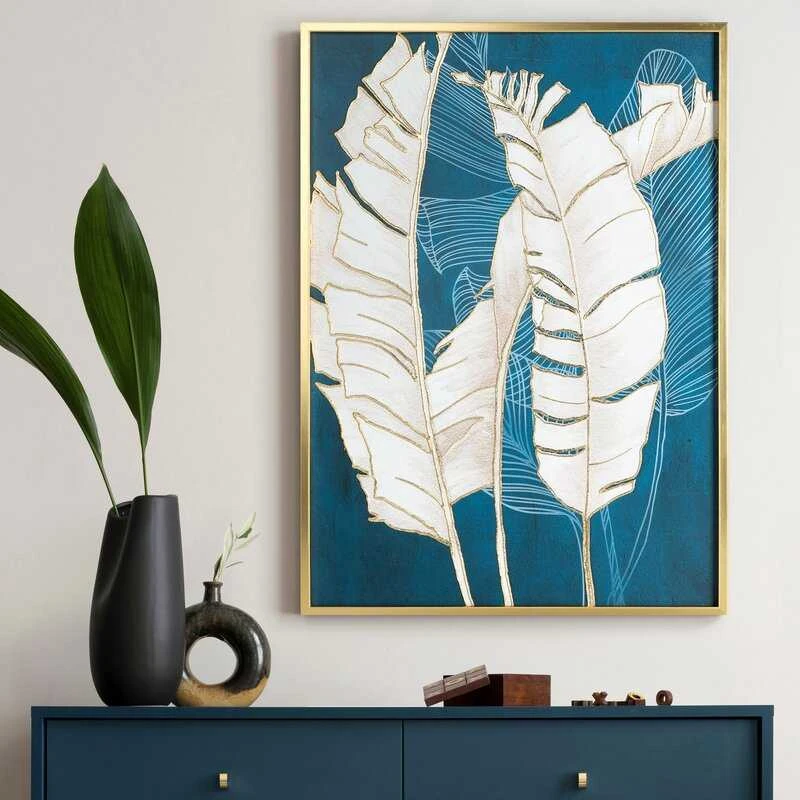Eurofirany Egzotinių lapų sienų paveikslas, turkio ir aukso drobės paveikslas, tropinis dekoras svetainei, 50x70 cm dekoratyvinis paveikslas