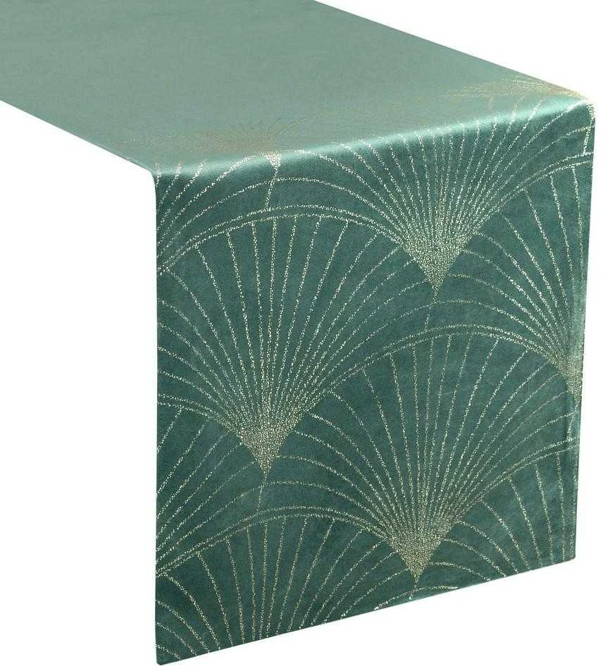 Eurofirany BLINK / 14 Aksominis stalo takelis su su dideliu art deco stiliaus vėduoklės raštu, 35X140 cm, spalva: tamsi mėtų