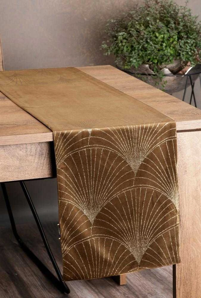 Eurofirany BLINK / 14 Aksominis stalo takelis su su dideliu art deco stiliaus vėduoklės raštu, 35X140 cm, spalva: ruda