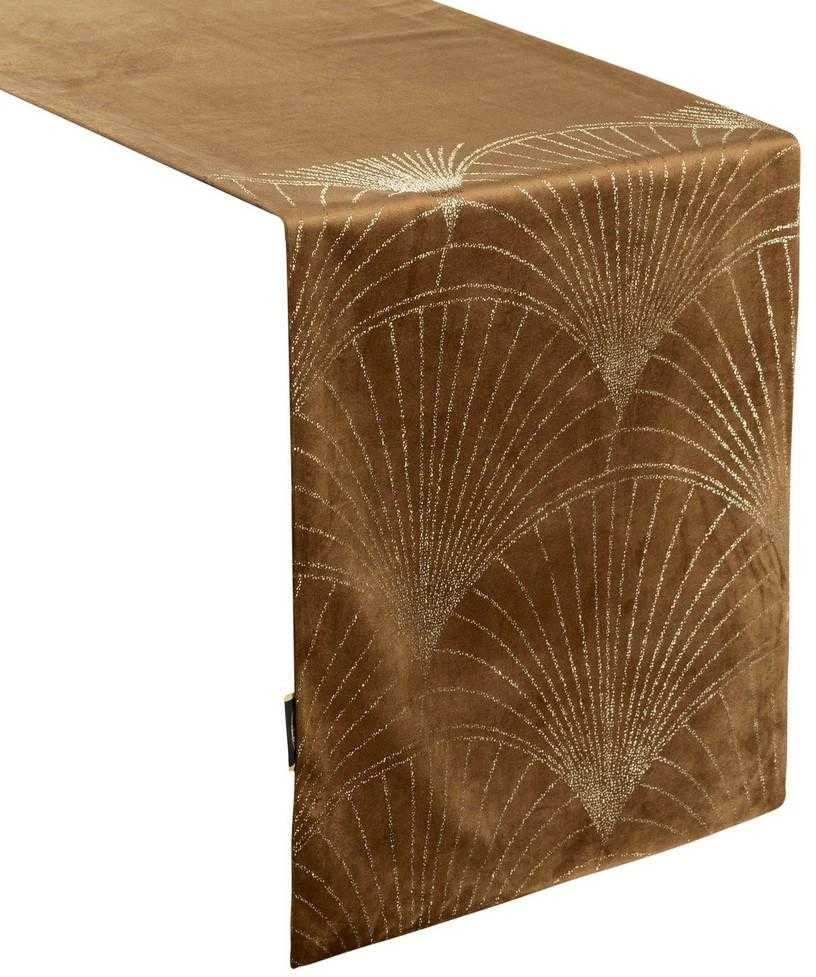 Eurofirany BLINK / 14 Aksominis stalo takelis su su dideliu art deco stiliaus vėduoklės raštu, 35X140 cm, spalva: ruda