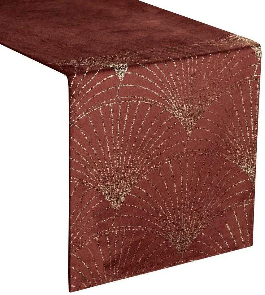 Eurofirany BLINK / 14 Aksominis stalo takelis su su dideliu art deco stiliaus vėduoklės raštu, 35X180 cm, spalva: plytų