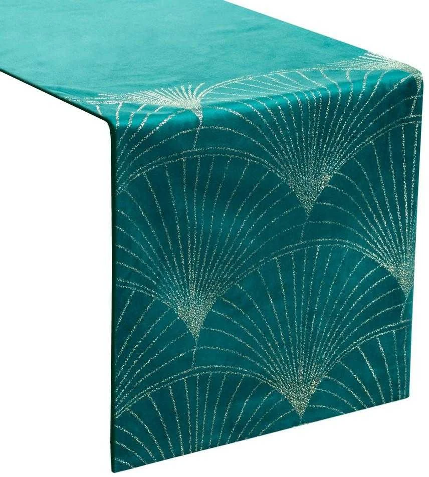 Eurofirany BLINK / 14 Aksominis stalo takelis su su dideliu art deco stiliaus vėduoklės raštu, 35X220 cm, spalva: tamsi turkio