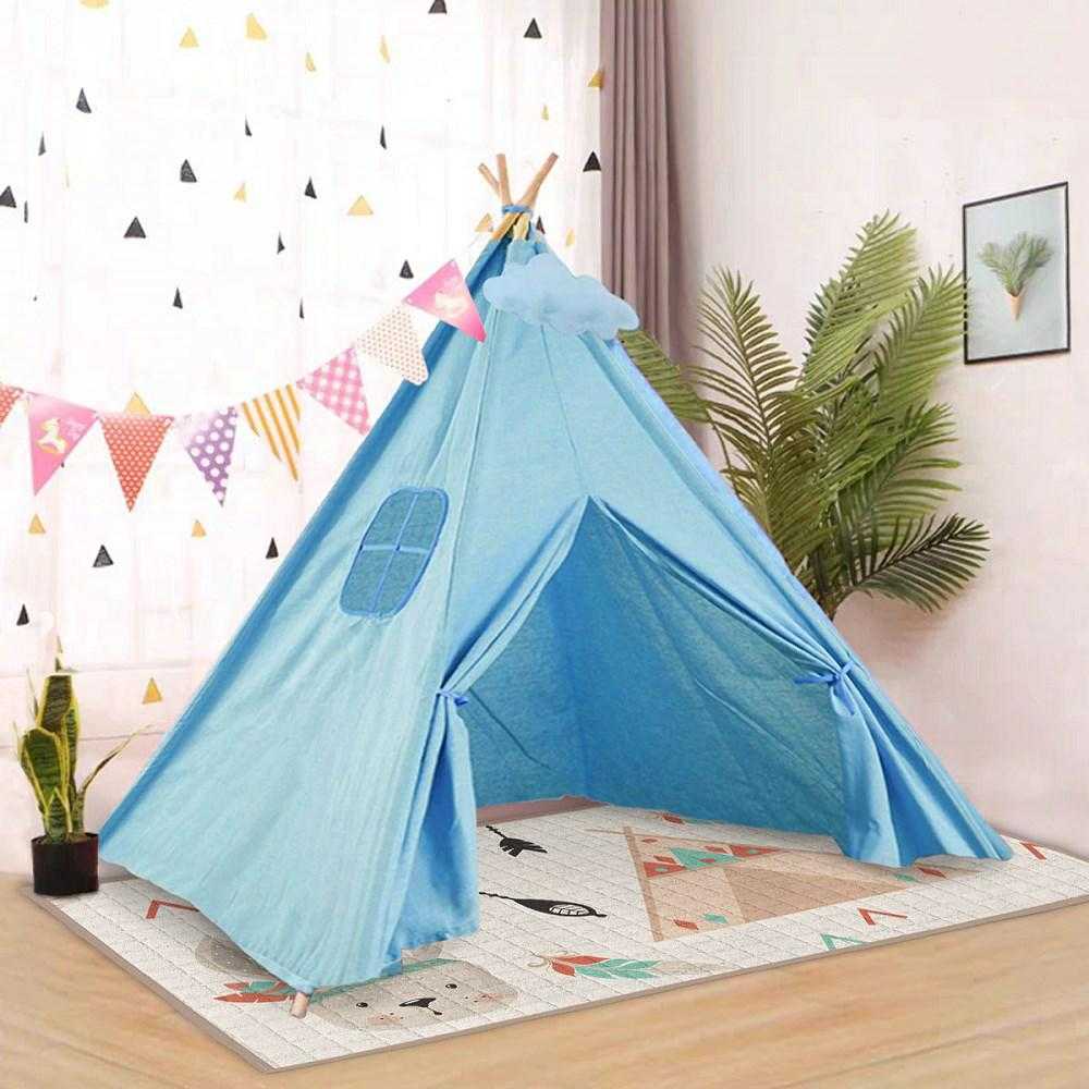 Vaikų žaidimų palapinė, medvilninis tipis su sulankstomais mediniais poliais, didelis langas ir laikymo kišenė, 120x120x160 cm, mėlynas tipi, vaiko kambario palapinė