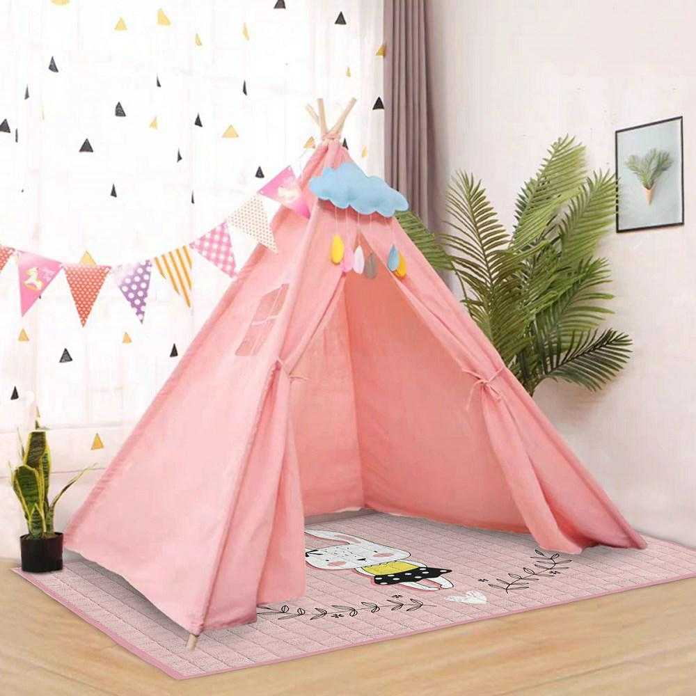 Vaikų žaidimų palapinė, medvilninis tipi su sulankstomais mediniais poliais, didelis langas ir kišenė daiktams, 120x120x160 cm, rožinis žaidimų namelis, vaikiška palapinė