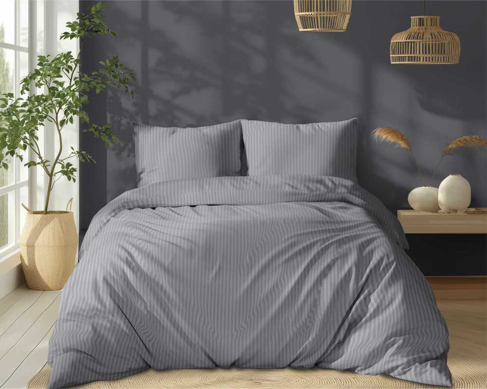 Detexpol Damasko medvilnės patalynės komplektas, pilkas dryžuotas 160x200 cm, minkšta ir patvari patalynė, 3 dalių patalynės komplektas, dryžuotas patalynės komplektas, patalynė su užtrauktuku