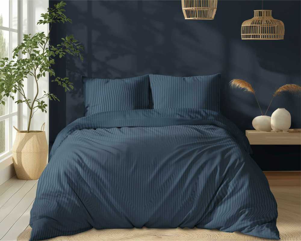 Medvilninės drobės patalynės komplektas, 220x200 cm su pagalvių užvalkalais, vientisos spalvos su 1 cm juostelėmis, paslėptas užtrauktukas, OEKO-TEX sertifikatas, miegamojo tekstilė