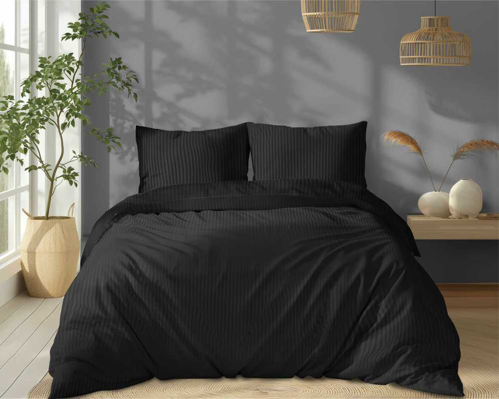 Medvilninis satino patalynės komplektas, 220x200 cm antklodės užvalkalas su 1 cm juostelėmis, juoda spalva, 3 dalių rinkinys su pagalvių užvalkalais, miegamojo tekstilė