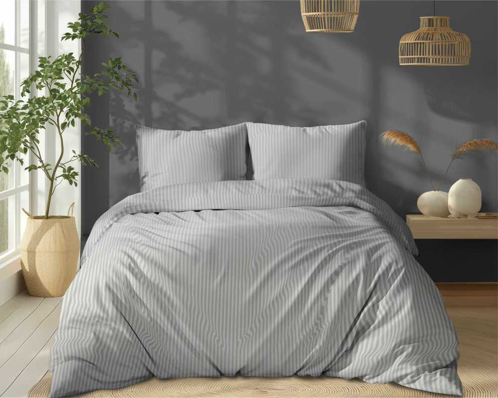 Detexpol Šviesiai pilkas damasto patalynės komplektas 220x200 cm, 1 cm juostelės, 100% medvilnė, 3 dalys, paslėptas užtrauktukas, prabangi miegamojo tekstilė
