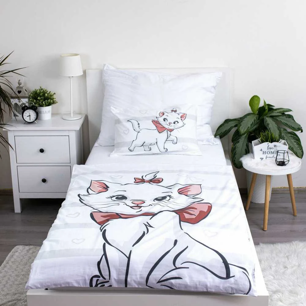 Patalynė bawełniana 100x135 kotek Marie Cat Bow balta pilka poszewka 40x60 JF24