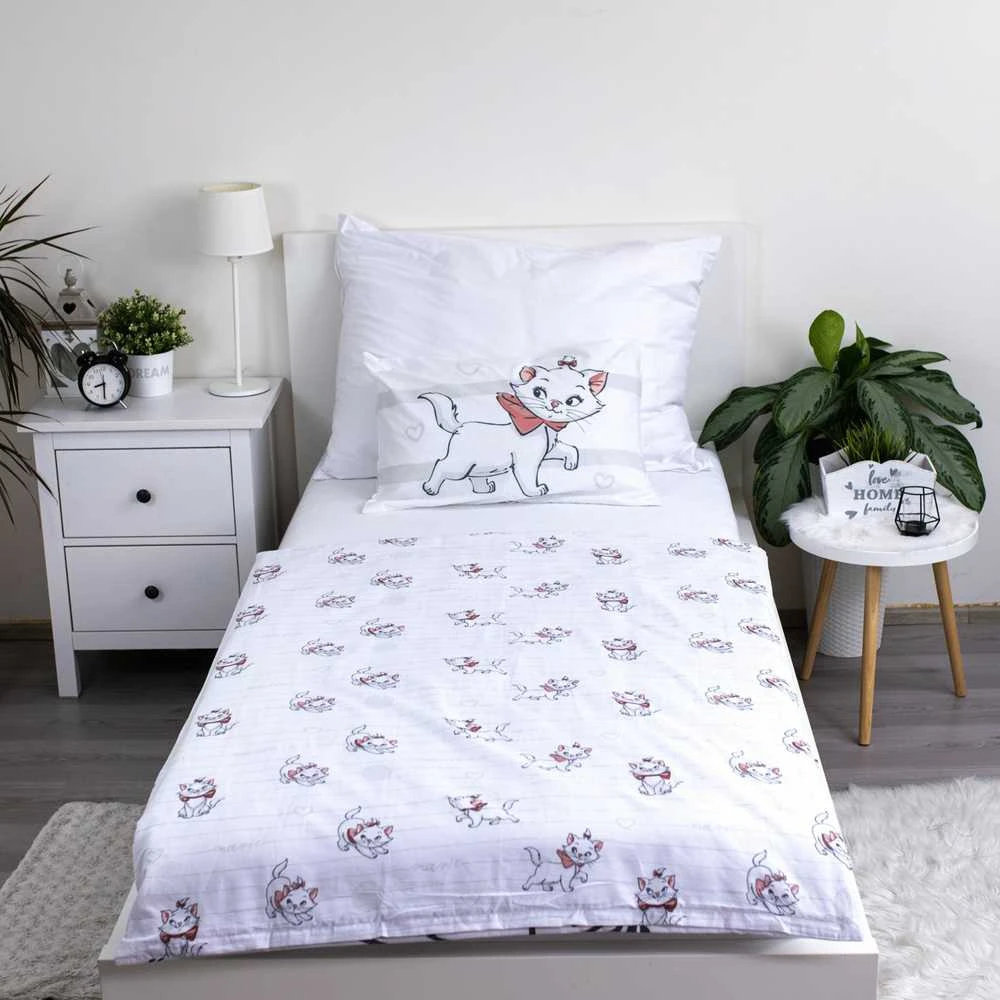 Patalynė bawełniana 100x135 kotek Marie Cat Bow balta pilka poszewka 40x60 JF24