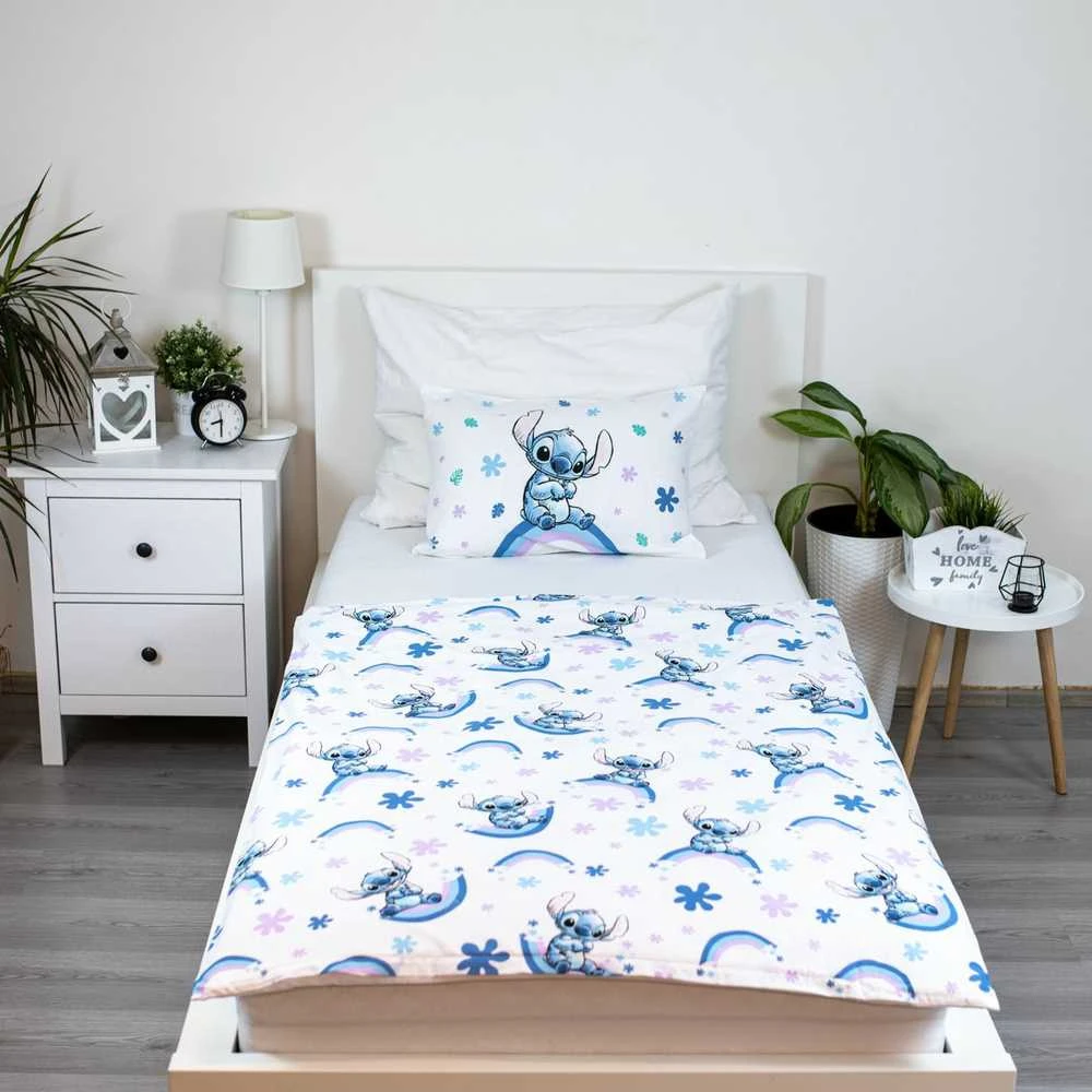 Patalynė bawełniana 100x135 Lilo i Stitch tęczowe dziecko balta mėlyna poszewka 40x60 JF24