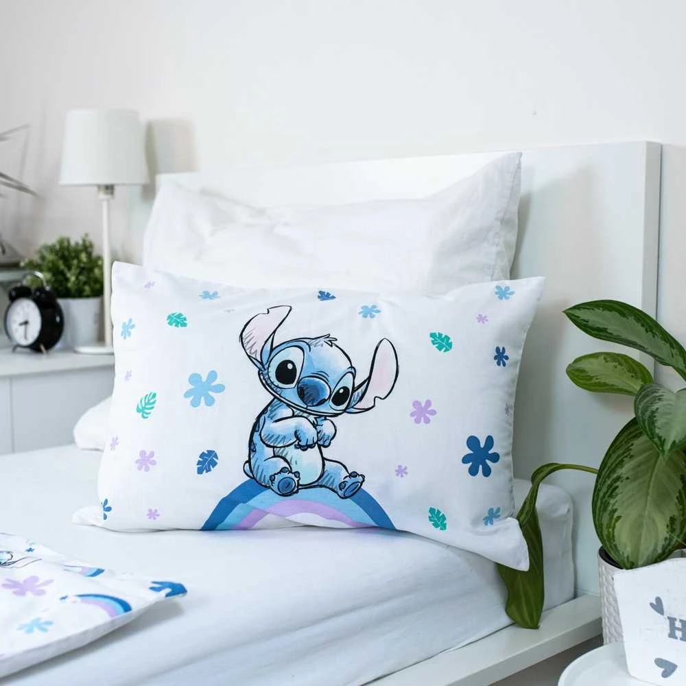 Patalynė bawełniana 100x135 Lilo i Stitch tęczowe dziecko balta mėlyna poszewka 40x60 JF24