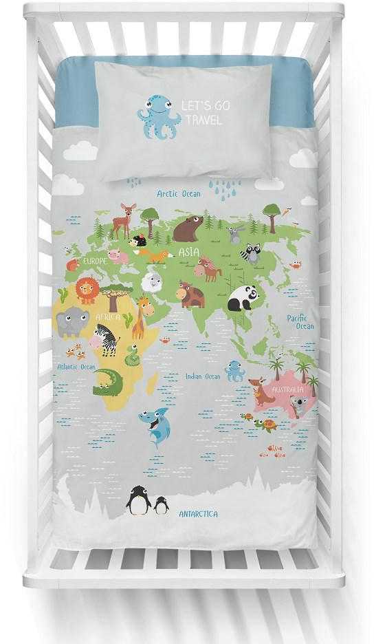 Detexpol Patalynė WORLD MAP ANIMALS patalynės komplektas MAYA MOO 100x135 cm pilka (
