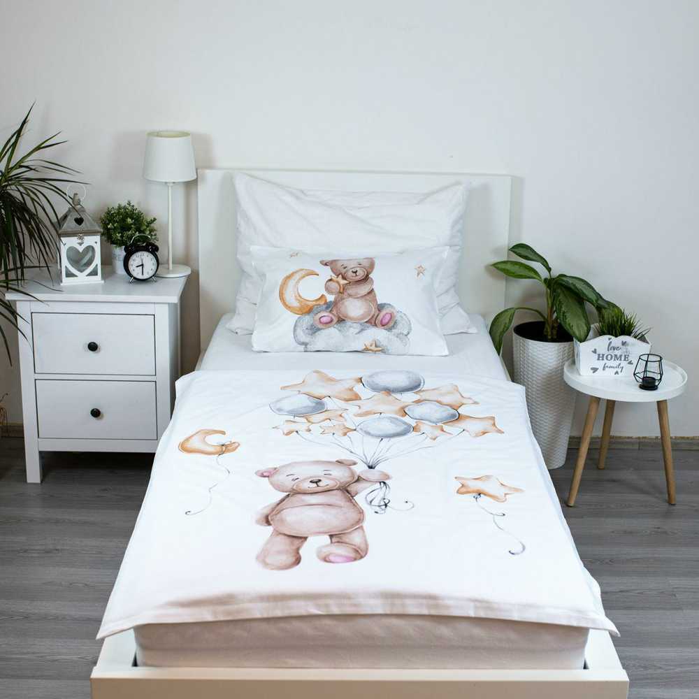 Patalynė bawełniana 100x135 Meškiukas baloniki balta smėlio sp. poszewka 40x60 JF24