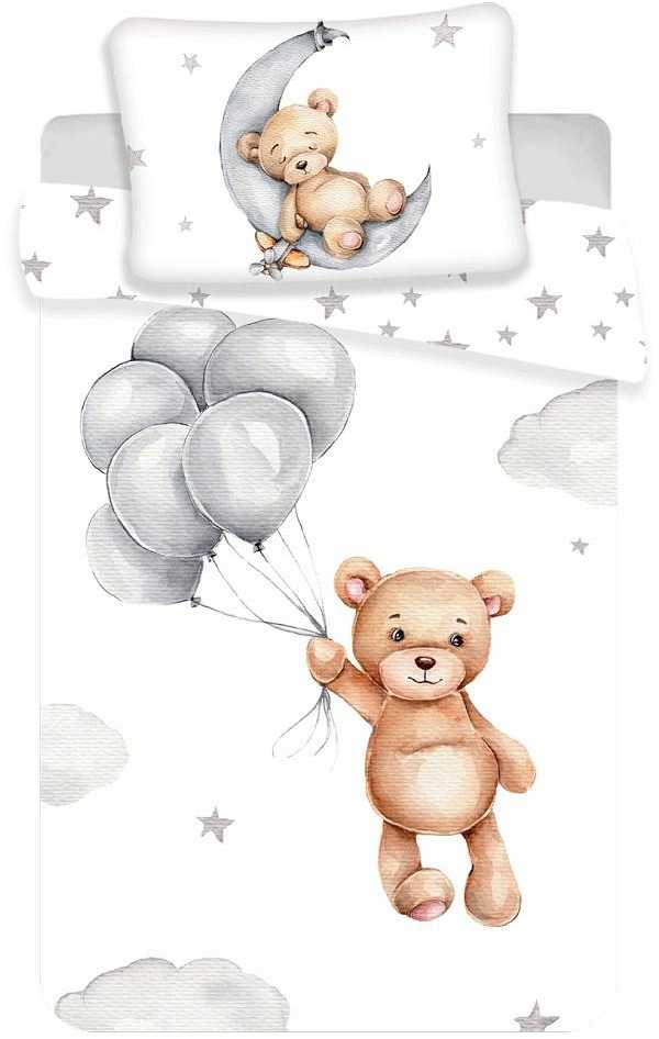 Patalynė bawełniana 100x135 Meškiukas baloniki gwiazki 7547 balta pilka księżyc chmurki Teddy Bear dziecięca do łóżeczka poszewka 40x60