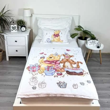 Patalynė bawełniana 100x135 Mikė Pukuotukas Przyjęcie urodzinowebiała kolorowa poszewka 40x60 JF24