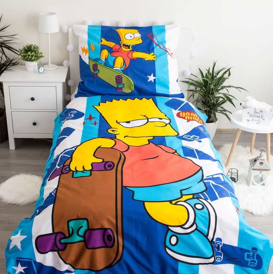 Patalynė bawełniana 140x200 Bart skater Simpson 2635 Riedlentė poszewka 70x90 mėlyna pasy dziecięca