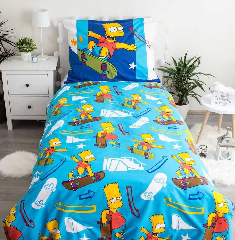 Patalynė bawełniana 140x200 Bart skater Simpson 2635 Riedlentė poszewka 70x90 mėlyna pasy dziecięca