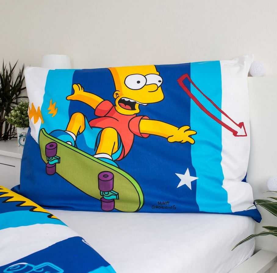 Patalynė bawełniana 140x200 Bart skater Simpson 2635 Riedlentė poszewka 70x90 mėlyna pasy dziecięca