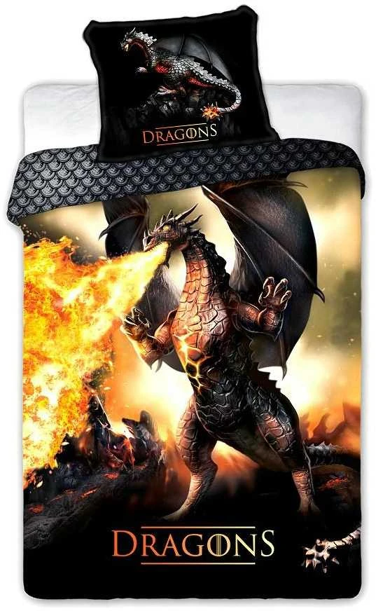 MCU Patalynė bawełniana 140x200 Dragons 027 Ognisty Smok juoda oranžinė poszewka 70x90