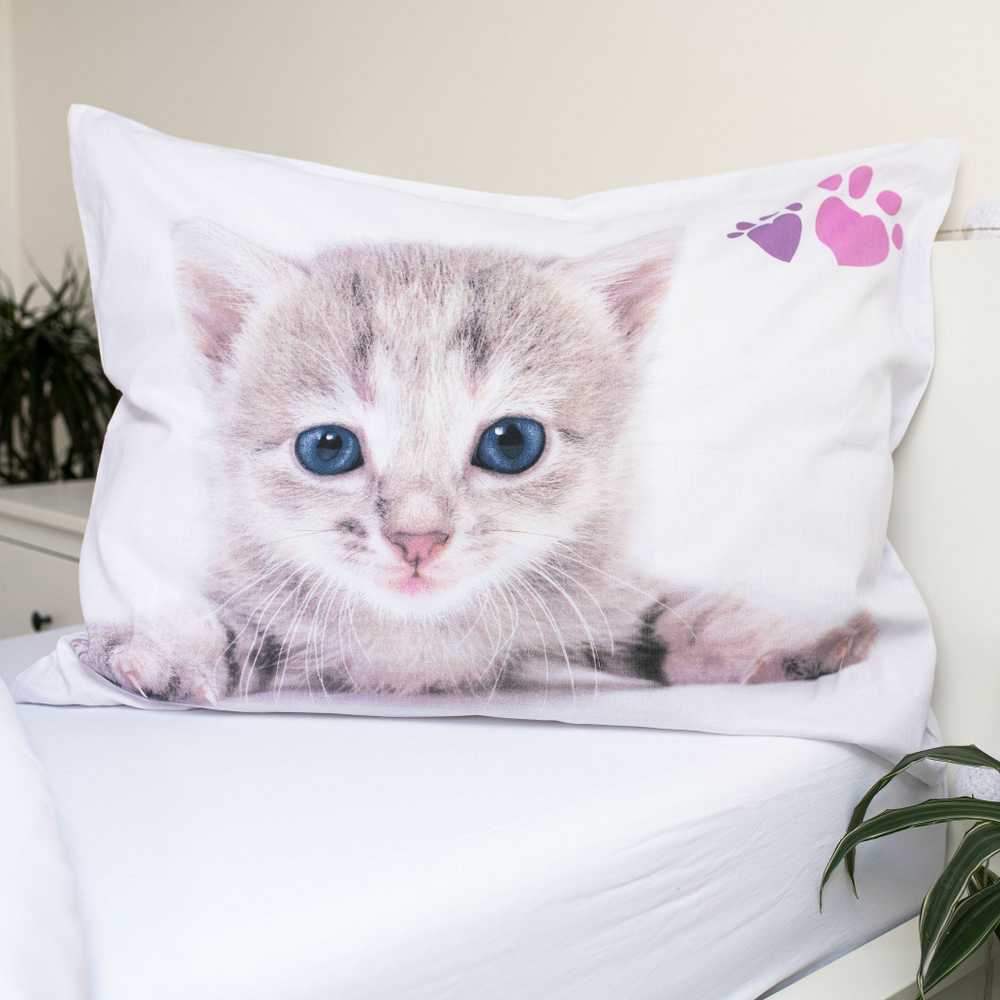 Patalynė bawełniana 140x200 Kotek 2658 kot Cat balta kolorowe kocie łapki dvipusė poszewka 70x90