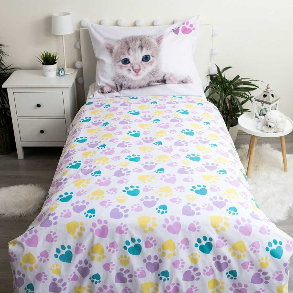 Patalynė bawełniana 140x200 Kotek 2658 kot Cat balta kolorowe kocie łapki dvipusė poszewka 70x90