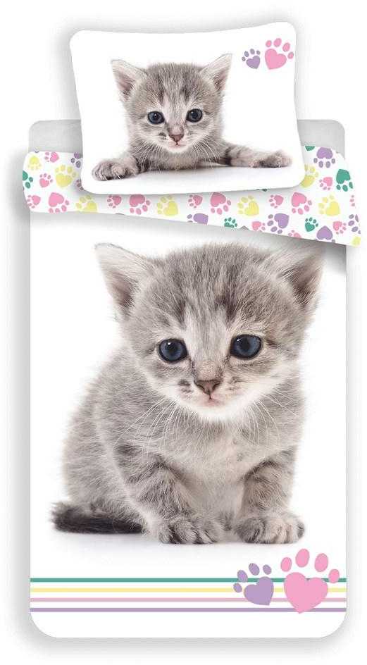 Patalynė bawełniana 140x200 Kotek 2658 kot Cat balta kolorowe kocie łapki dvipusė poszewka 70x90
