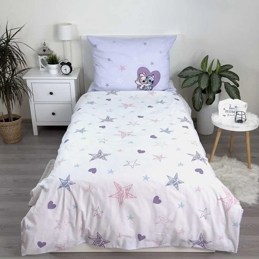 Patalynė bawełniana 140x200 Lilo i Stitch Heart šviesiai violetinė poszewka 70x90 JF 24