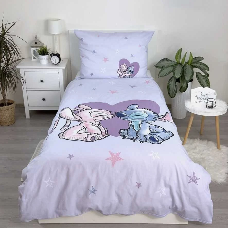 Patalynė bawełniana 140x200 Lilo i Stitch Heart šviesiai violetinė poszewka 70x90 JF 24