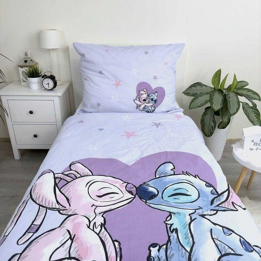Patalynė bawełniana 140x200 Lilo i Stitch Heart šviesiai violetinė poszewka 70x90 JF 24