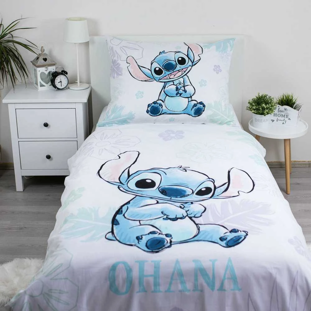 Patalynė bawełniana 140x200 Lilo I Stitch Ohana balta mėlyna poszewka 70x90 Jf24