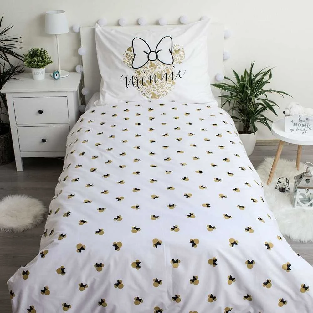 Patalynė bawełniana 140x200 Minnie Gold Mini Myszka 8339 kokardy poszewka 70x90 balta smėlio sp.