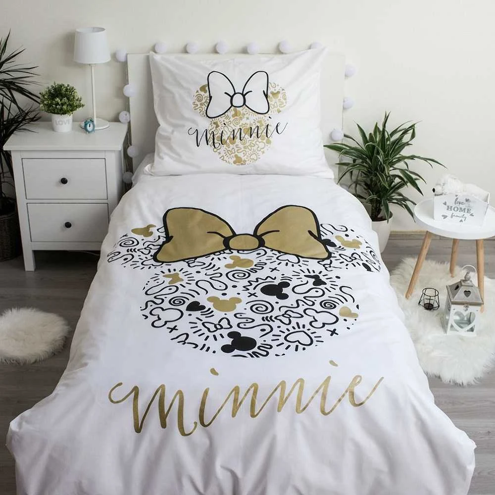 Patalynė bawełniana 140x200 Minnie Gold Mini Myszka 8339 kokardy poszewka 70x90 balta smėlio sp.